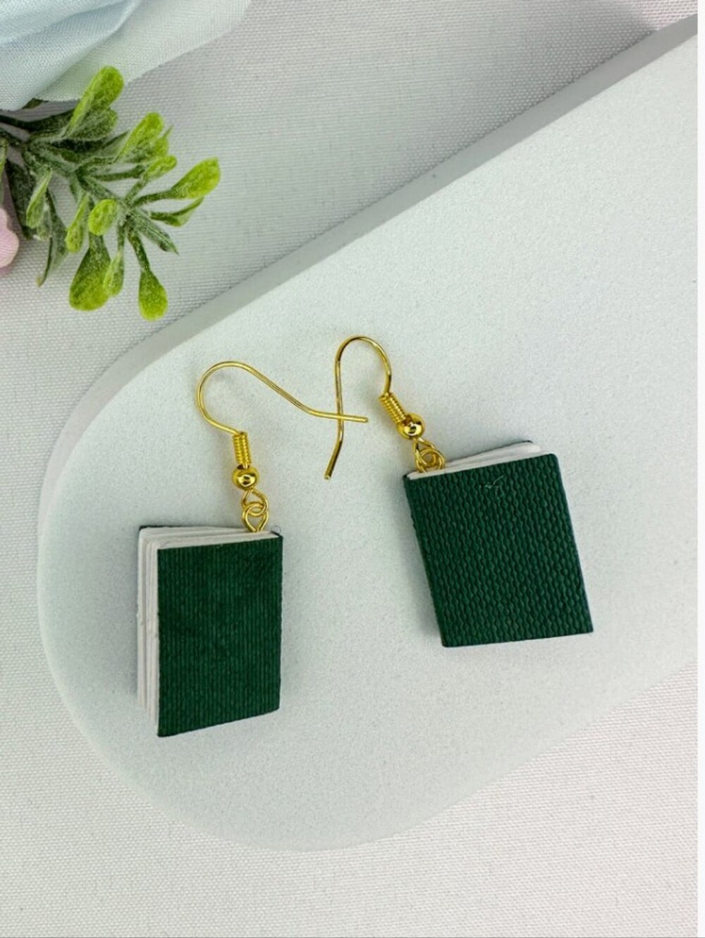 Gold Hook Dark Green Mini Book Earrings NWT
